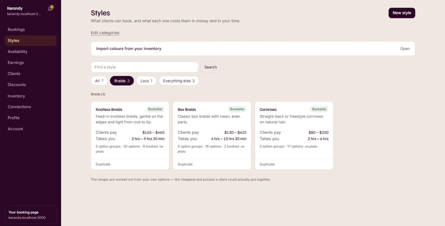 Your catalogue, with what each style can cost and how long it can take.